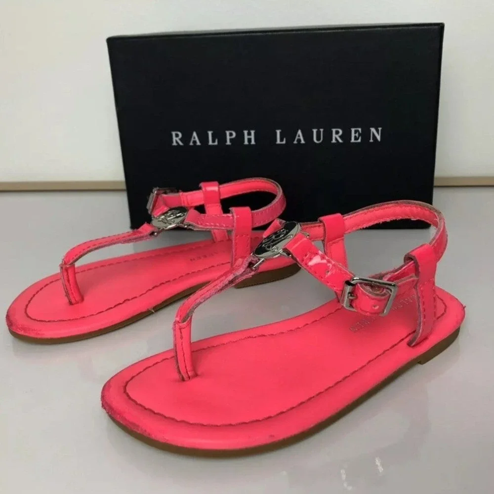 Ralph Lauren Kids Neon Pink‎ Patent Leather T-Strap Sandals Logo Medallion Girls